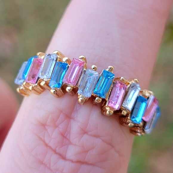 Baguette Sapphire Pink Blue Clear Gemstone Gold Ring Size 6.5 - Picture 3 of 11